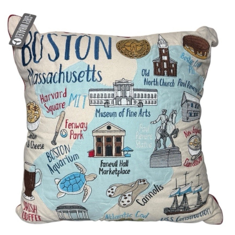 Grey Whale Boston Embroidered Pillow 19" Massachusetts Home Decor NWT - Picture 1 of 10